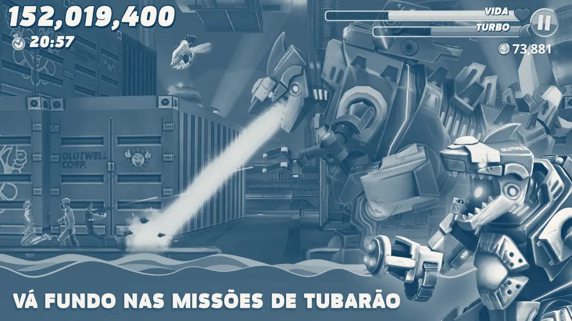 Tubarão-robô com laser verde entre contentores da Glutwell Corp. num cais urbano de Hungry Shark World, pontuação 152 019 400