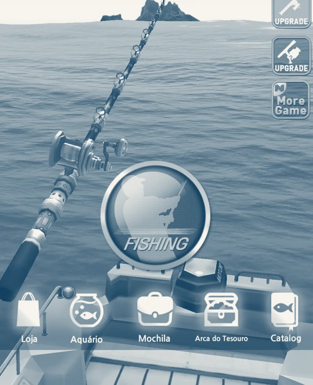 Cana com carreto dourado apontada a um ilhéu rochoso a partir do convés, com o botão Fishing e o menu Aquário, Mochila e Arca do Tesouro