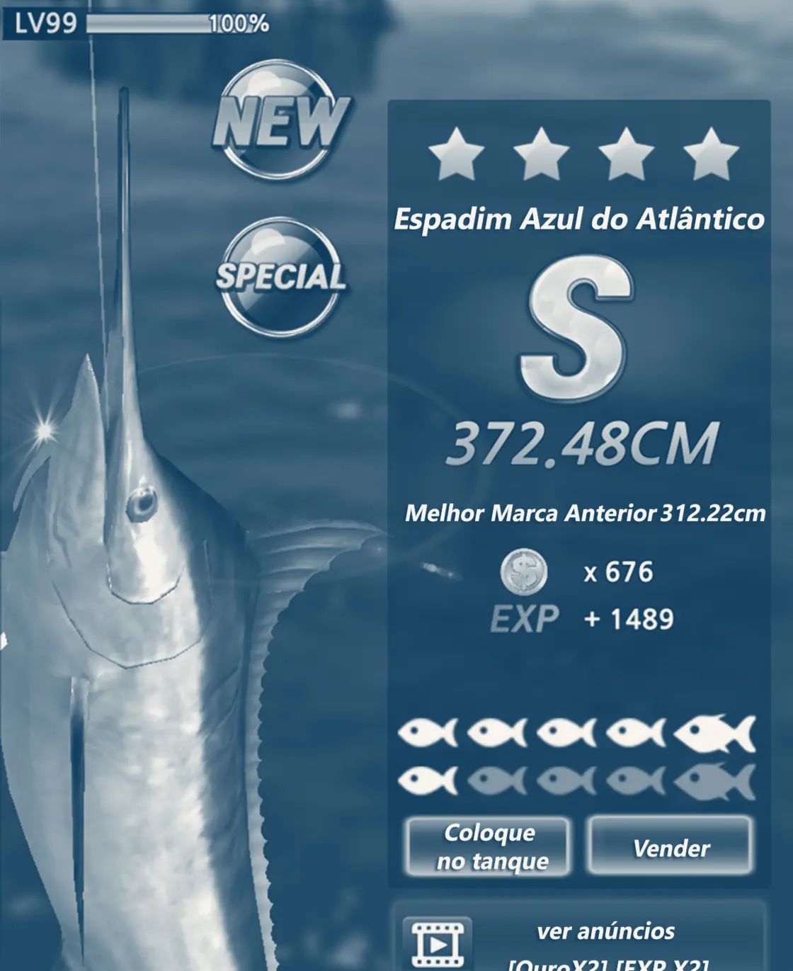 Espadim Azul do Atlântico pendurado ao lado do painel S com 372,48 cm e melhor marca anterior de 312,22 cm