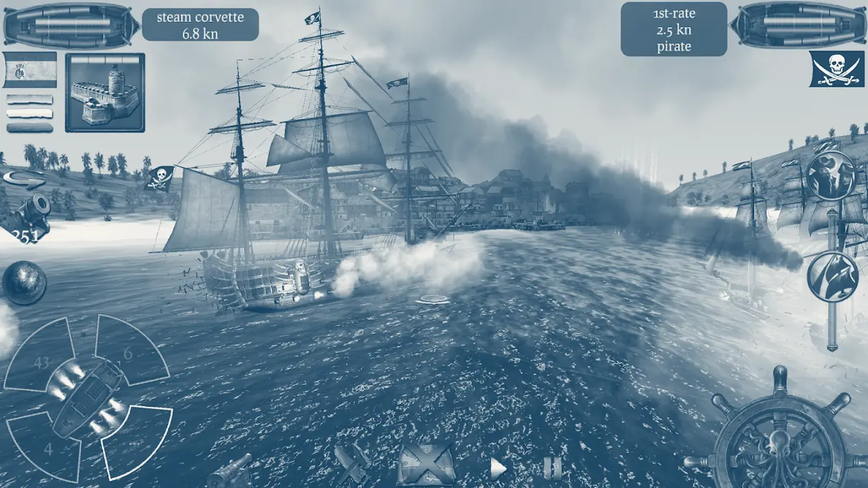 Combate junto a uma vila costeira com a corveta a vapor a 6,8 nós à esquerda e um navio pirata de primeira classe a 2,5 nós